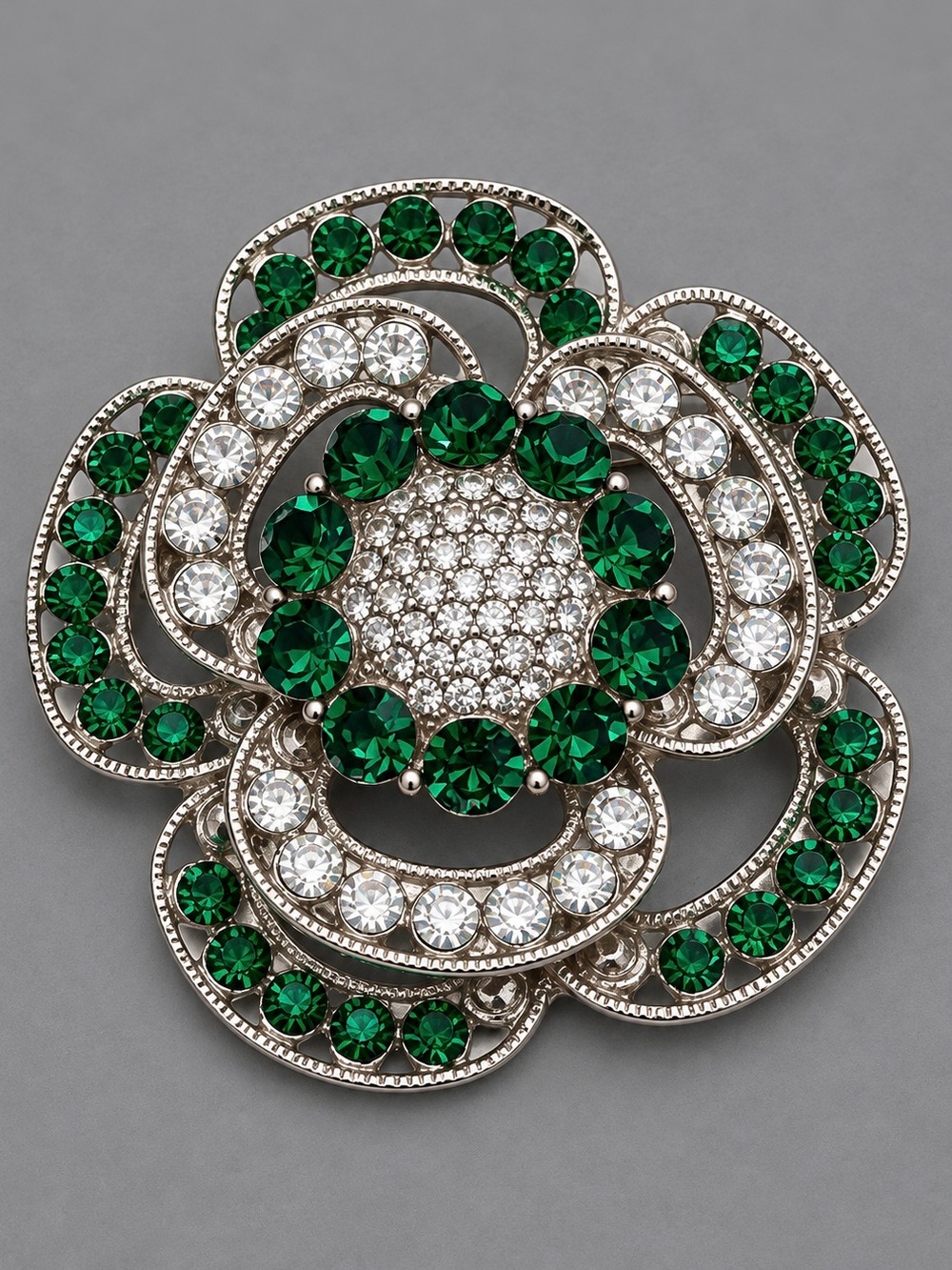 Vintage Large Emerald & Crystal Flower Brooch #cz353